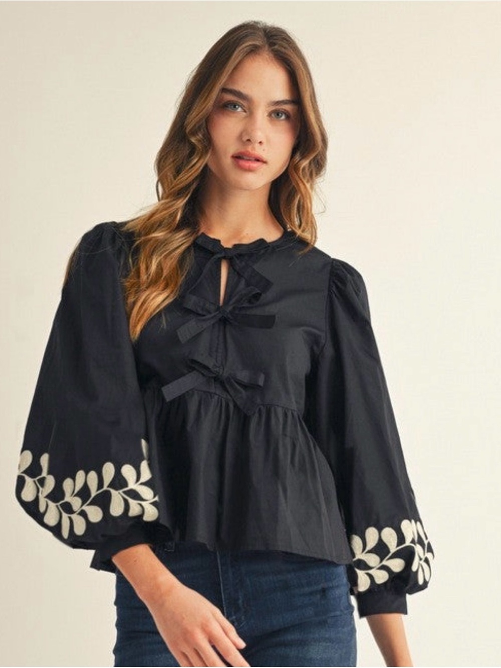 JODIFL Black Peasant Blouse with Cream Leaf Embroidery